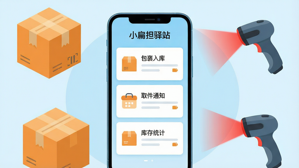 画面主体是一部竖屏智能手机,屏幕中央显示“小扁担驿站”应用主界面,界面内整齐排列包裹入库、取件通知、库存统计三个功能卡片,手机周围环绕几个扁平化包裹纸箱图标与扫码枪图标;整体采用上下居中构图,手机置于画面正中,功能卡片呈纵向列表排版;风格为清爽扁平插画风,浅蓝与橙色为主色调;细节上包裹纸箱带胶带封口线条,扫码枪有红色光束,界面文字清晰可辨;画质高清,画面干净,无多余元素