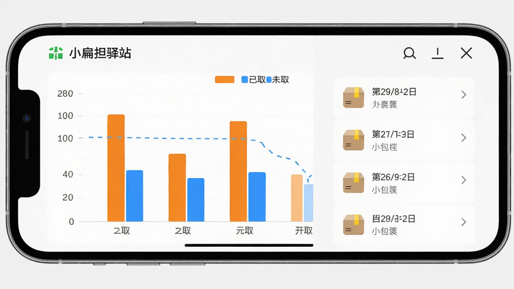 画面主体是一部手机横屏展示“小扁担驿站”库存统计页面,页面内有柱状图与包裹列表,柱状图用橙色和蓝色区分已取与未取,列表项带日期标签;采用居中构图,手机屏幕占画面主体;风格为简约数据可视化风,浅灰背景;细节上柱状图有刻度线,列表项有包裹图标与状态文字;画质高清,画面干净,无多余元素
