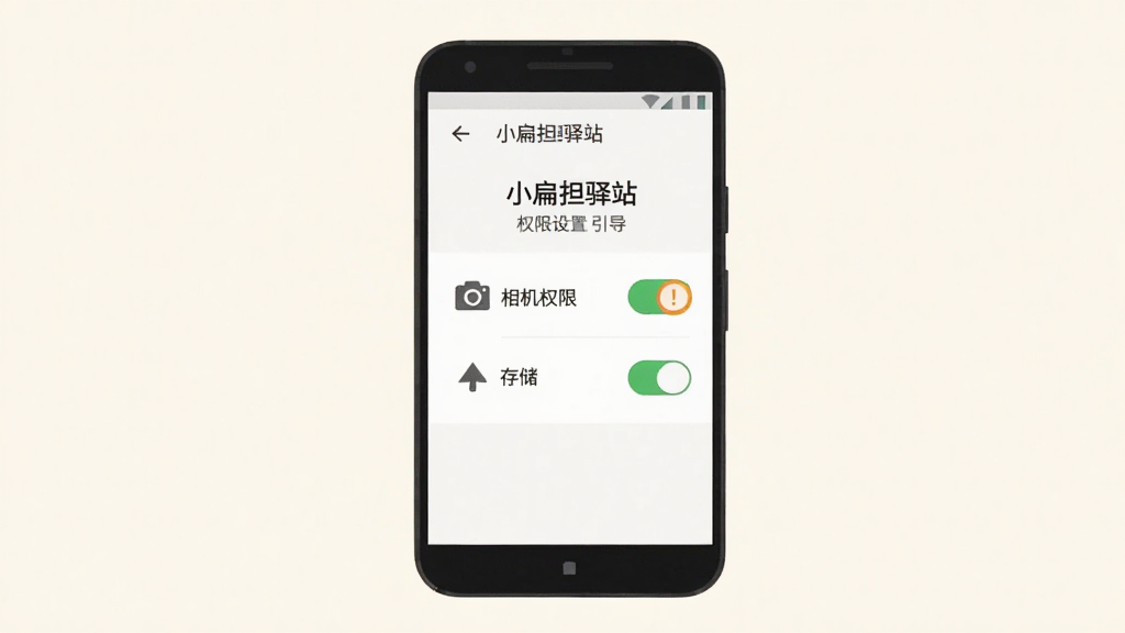 画面主体是一部安卓手机屏幕显示“小扁担驿站”权限设置引导页,页面内有相机权限与存储权限两个开关按钮,旁边配有一个带感叹号的提示图标;采用居中构图,手机置于画面中央;风格为扁平化界面插画风,浅色背景;细节上开关按钮呈绿色开启状态,提示图标为橙色圆形;画质清晰,画面干净,无多余元素