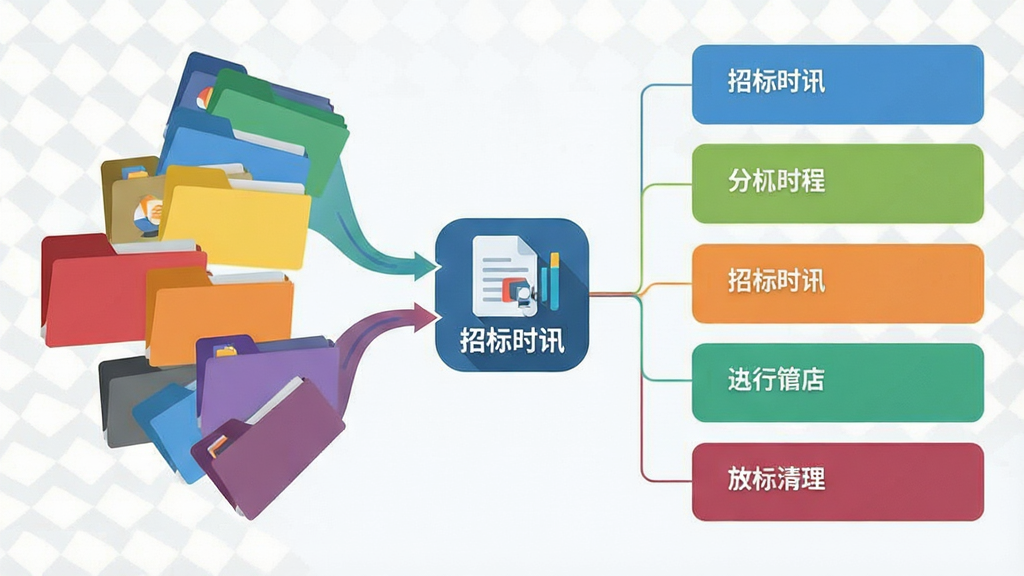 一张信息聚合概念图,画面左侧为多个不同颜色的文件卡片汇聚到中央的“招标时讯”图标中,右侧展示分类后的信息列表,整体风格为简洁商务插画,布局左右对称,细节清晰,画质干净,无多余元素