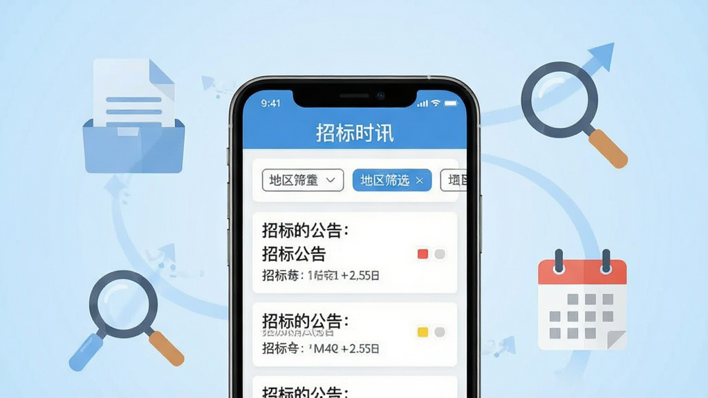 画面中央放置一部智能手机,手机屏幕上显示“招标时讯”应用界面,界面中包含招标公告列表和地区筛选按钮,手机周围环绕着文件图标、放大镜图标和日历图标,背景为浅蓝色渐变,整体采用扁平化商务风格,布局简洁有序,画质清晰干净,无多余元素
