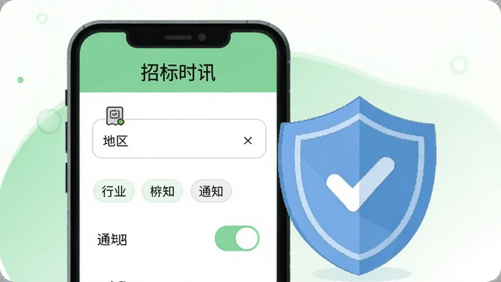 画面展示一部手机屏幕显示“招标时讯”的设置界面,界面中包含地区选择、行业标签和通知开关,手机旁边放置一个盾牌图标表示安全防护,整体风格为清新扁平插画,背景为浅绿色与白色搭配,布局简洁,画质干净清晰,无多余元素