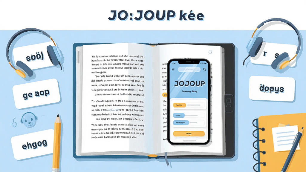 ��������Ϊһ���򿪵ĵ�������һ�������ֻ����Űڷţ��ֻ���Ļ��ʾ��JOJOUP��ѧϰ���棬��Χ���Ƶ��ʿ�Ƭ��������Ǧ����ʼǱ���ѧϰԪ�أ�����Ϊ���жԳƹ�ͼ���Ϸ����׷��������������֣����Ϊ���±�ƽ�廭�磬��ɫ��ǳ������ɫ��ů��Ϊ����ϸ�ڰ�����ҳ��������Ļ�߹⡢��Ƭ�ϵ�Ӣ�ĵ��ʣ����������ɾ����޶���װ��Ԫ��