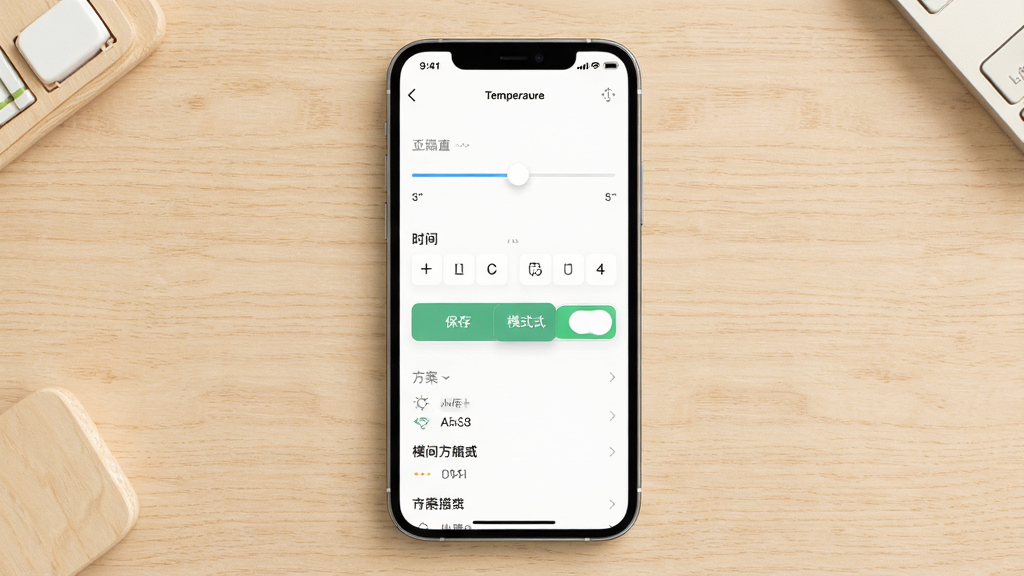 手机界面展示自定义方案编辑页,页面中有温度滑块、时间选择器与模式切换按钮,背景为浅色木质桌面,风格简洁实用,细节包含保存按钮与方案列表,画质清晰干净,无多余元素