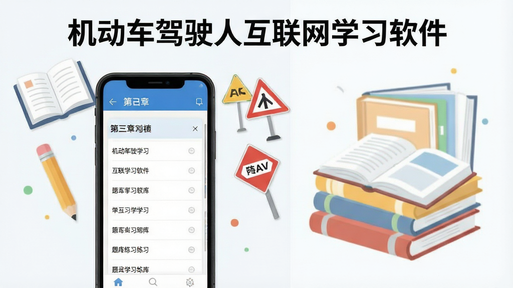 一张表现机动车驾驶人互联网学习软件理论学习模块的示意图,画面主体为手机屏幕内展示章节列表与题库练习界面,屏幕上方有“机动车驾驶人互联网学习软件”标题,旁边配以书本、铅笔、交通标志等元素,布局左右分栏,左侧为手机界面,右侧为学习资料堆叠,风格清新简约,画质干净,无多余装饰