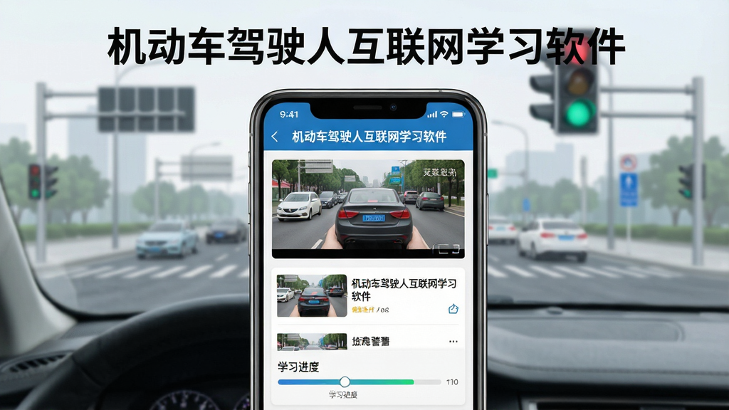 一张表现机动车驾驶人互联网学习软件警示教育模块的场景图,画面主体为手机屏幕内展示交通安全警示视频列表与学习进度条,屏幕上方有“机动车驾驶人互联网学习软件”字样,背景为城市道路与红绿灯元素,风格现代简洁,画质清晰,干净无多余元素