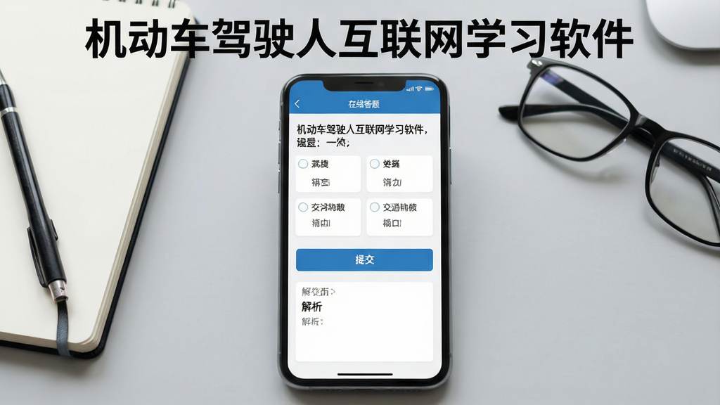 一张展示机动车驾驶人互联网学习软件在线答题界面的图片,画面中央为手机屏幕,屏幕内显示一道交通法规选择题与四个选项,下方有提交按钮与解析区域,屏幕上方标注“机动车驾驶人互联网学习软件”,背景为浅灰色工作台面,旁边放置笔记本与眼镜,风格写实简洁,画质清晰,无杂乱元素