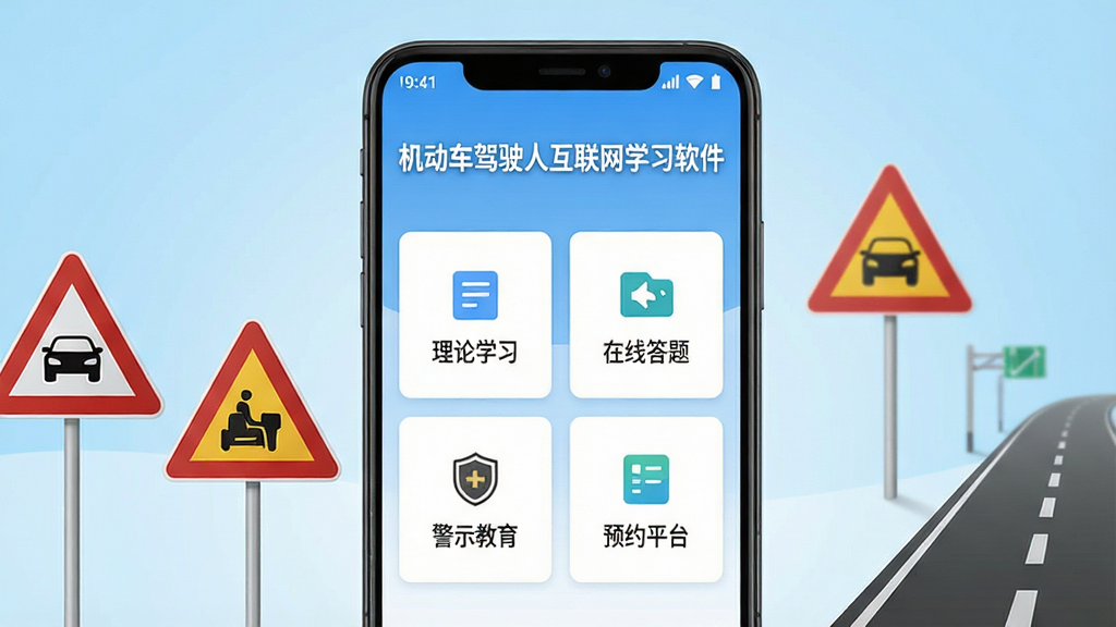 一张展示机动车驾驶人互联网学习软件手机界面的场景图,画面中央是一部竖屏安卓手机,屏幕内显示软件首页,顶部有“机动车驾驶人互联网学习软件”字样,页面包含理论学习、在线答题、警示教育、预约平台四个功能卡片,背景为浅蓝色渐变,周围点缀交通标志与道路元素,风格简洁清爽,画质清晰,干净无多余元素