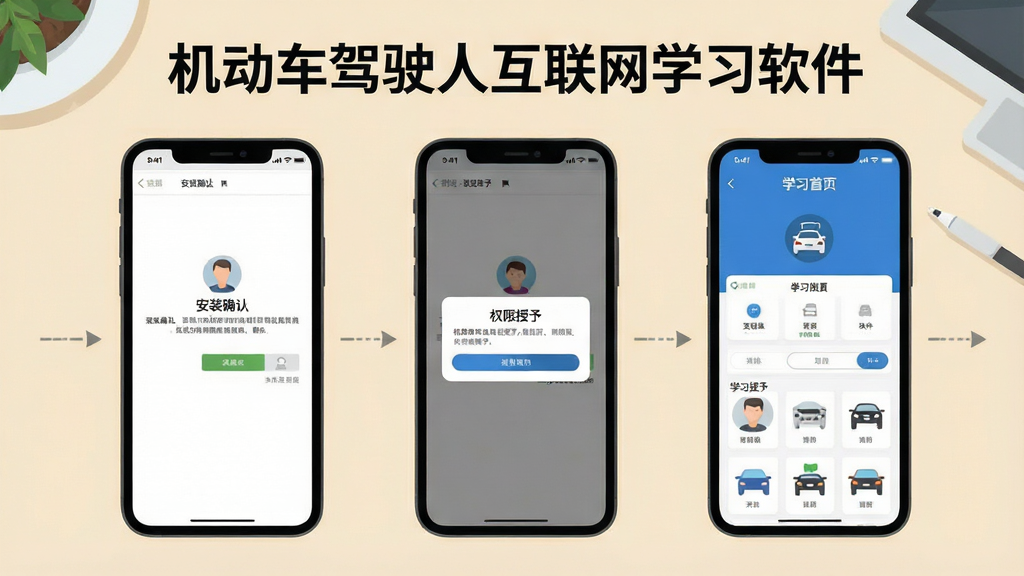 一张展示机动车驾驶人互联网学习软件安装与权限设置步骤的示意图,画面主体为三部并排的手机屏幕,分别显示安装确认页、权限授予弹窗、学习首页,屏幕上方标注“机动车驾驶人互联网学习软件”,背景为浅色桌面,风格扁平化教程风,画质清晰,干净无多余元素