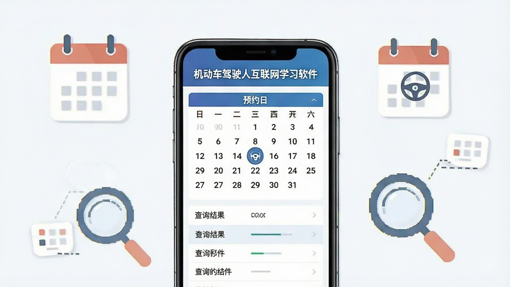 一张展示机动车驾驶人互联网学习软件预约查询界面的示意图,画面中央为手机屏幕,屏幕内显示预约日历与查询结果列表,顶部标注“机动车驾驶人互联网学习软件”,周围点缀日历图标与放大镜元素,风格简洁商务,画质干净,无多余装饰