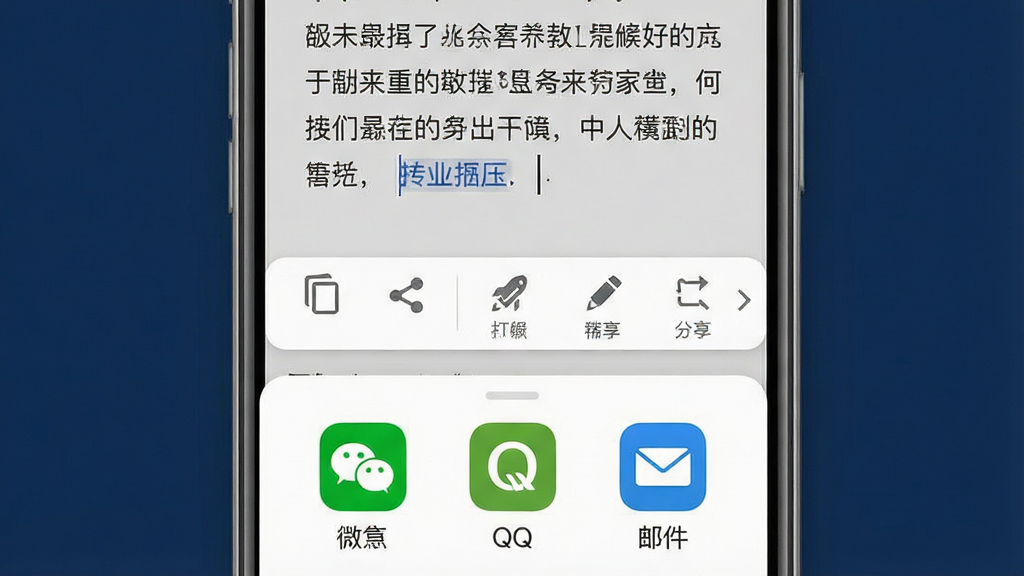 һ��չʾ���ֱ༭�뵼�����ܵĽ���ʾ��ͼ����������Ϊ�ֻ���Ļ��д����Ļ����ʾһ����תд��ɵ��������֣������ϴ��й����༭���������������������ơ���������ע��ͼ�갴ť����Ļ�·����ַ�����壬�г�΢�š�QQ���ʼ��ȳ�����������ͼ�ꣻ����Ϊ���½ṹ������Լ����ɫ���ԻҰ׺�����Ϊ����ϸ���������Ű����룬ͼ��ʶ��ȸߣ����ʸ��壬����ɾ����޶���Ԫ��