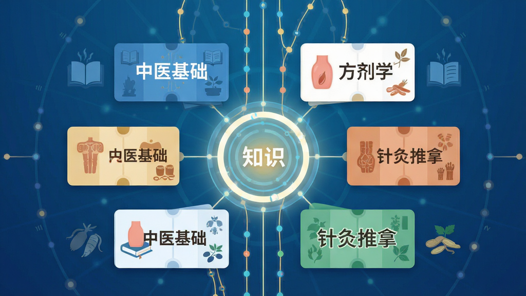 画面主体为一组悬浮的中医课程卡片和书本图标,卡片上标注“中医基础”“方剂学”“针灸推拿”等字样,围绕一个发光的圆形知识核心排列;布局为放射状环绕构图;风格为扁平化科技教育风;细节上加入经络线条、草药剪影等中医元素装饰;画质高清,干净清爽,无多余元素
