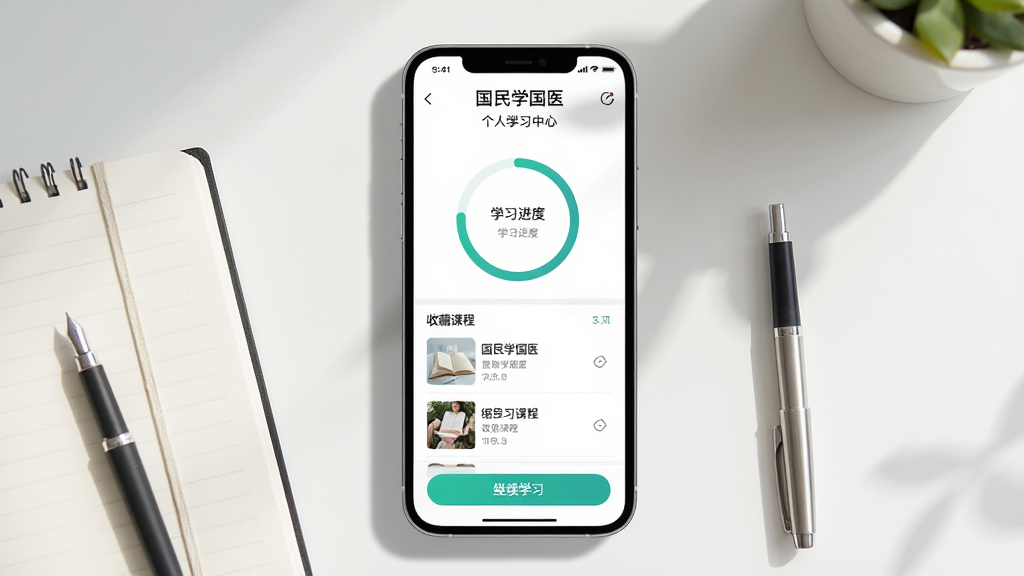 画面主体为手机屏幕展示“国民学国医”个人学习中心页面,页面中包含学习进度环形图、收藏课程列表和继续学习按钮;手机旁放置笔记本和笔;布局为手机居中、文具点缀两侧;风格为简约清新的学习场景风;细节上突出进度条、课程缩略图和柔和阴影;画质高清,干净利落,无多余元素