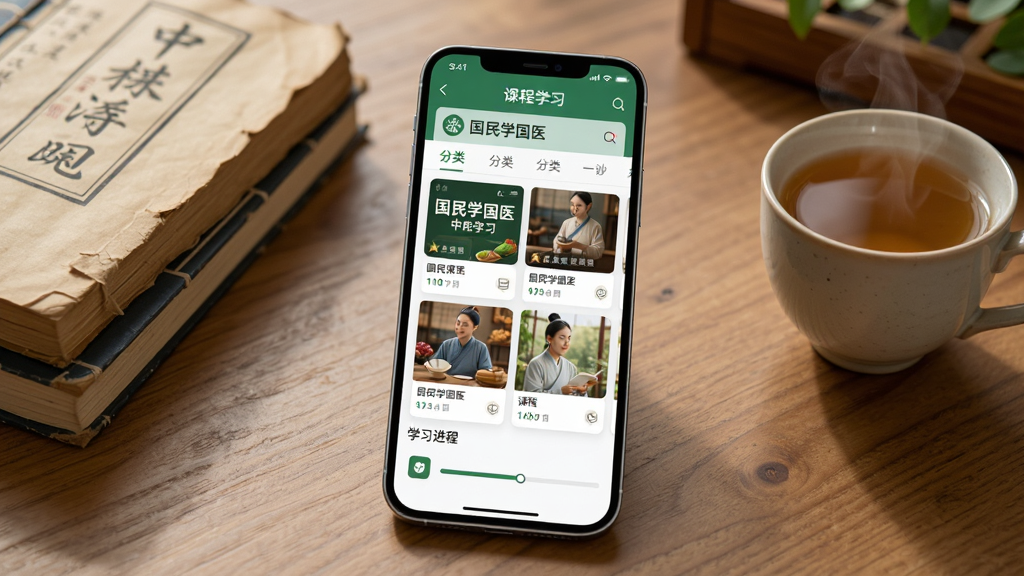 画面主体为一款手机,手机屏幕上展示“国民学国医”中医学习APP的课程首页界面,界面中包含课程卡片、分类导航和学习进度条;手机放置在木质桌面上,旁边摆放着中医典籍和一杯热茶;整体布局为居中构图,手机略微倾斜展示屏幕内容;风格为清新写实的数码产品展示风;细节上突出屏幕界面的课程封面、中医元素图标和柔和光影;画质高清,干净整洁,无多余元素