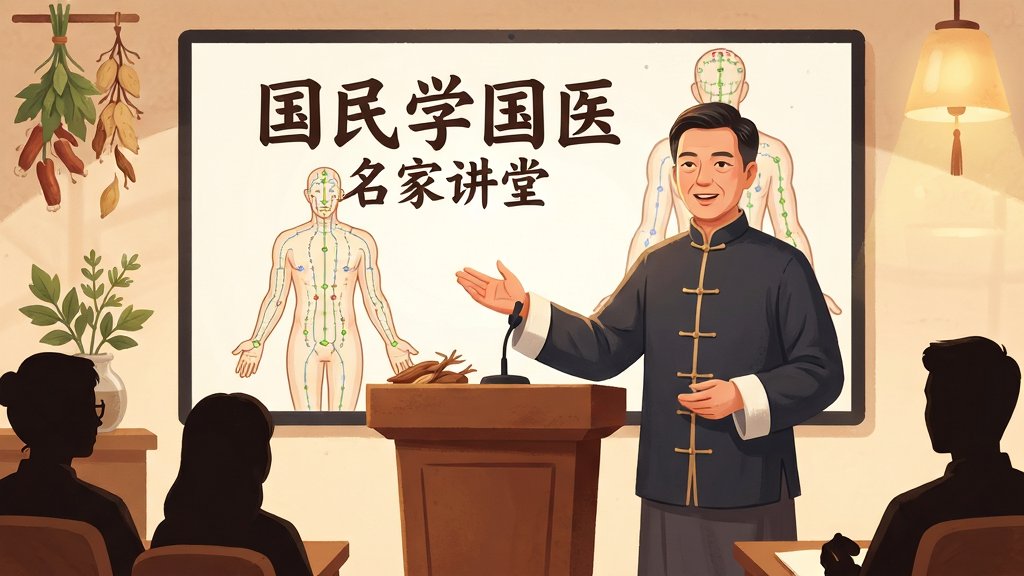 画面主体为一位身着中式服装的中医讲师站在讲台前授课,身后大屏幕显示“国民学国医”名家讲堂字样和经络图;布局为讲台居中、屏幕背景衬托;风格为温暖专业的教育场景插画风;细节上加入听众剪影、草药装饰和柔和灯光效果;画质高清,干净整洁,无多余元素
