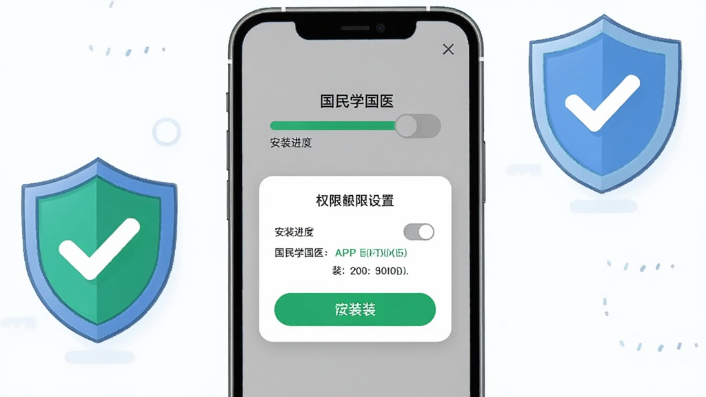 画面主体为一部手机屏幕显示“国民学国医”APP安装进度条和权限设置弹窗,旁边有盾牌图标和勾选标记;布局为手机居中、盾牌位于右上角;风格为简洁安全提示插画风;细节上突出权限开关、安装按钮和绿色安全标识;画质高清,干净明了,无多余元素