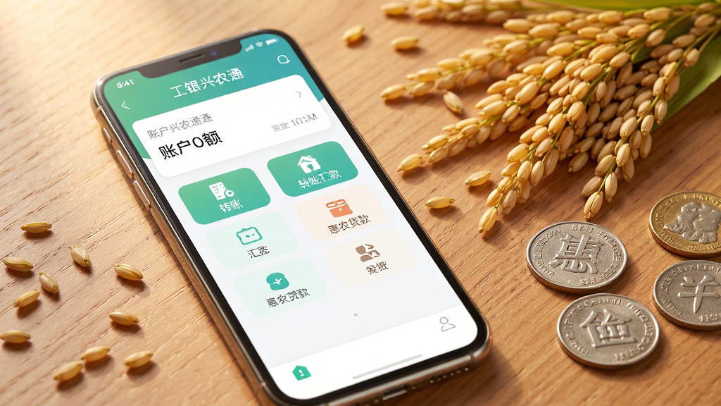 画面主体是一部智能手机置于木质桌面上,屏幕显示工银兴农通应用主界面,包含账户余额、转账汇款、惠农贷款等功能图标;布局为手机居中偏左,右侧散落几穗金黄的稻谷和几枚硬币;排版简洁明了,突出手机屏幕内容;风格为写实摄影风,光线柔和温暖;细节上手机边框有轻微反光,桌面木纹清晰可见,稻谷颗粒饱满;画质高清,干净,无多余元素