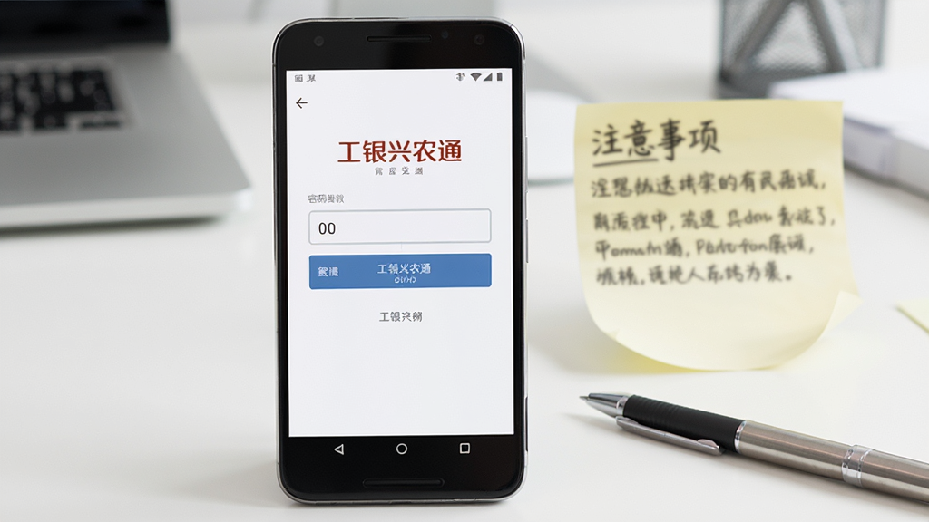 画面主体为一部安卓手机屏幕显示工银兴农通登录界面,手机旁边放置一张手写的注意事项便签和一支笔;布局为手机居中,便签在右侧稍靠后位置;排版上手机屏幕内容清晰,便签文字虚化处理;风格为办公桌面写实风,光线明亮;细节上便签边缘微微卷起,笔杆有金属光泽,手机屏幕显示密码输入框;画质高清,干净,无多余元素