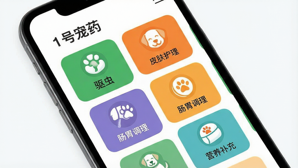一张宠物药品分类页面的手机界面图,画面主体为手机屏幕,屏幕上显示“1号宠药”分类列表,包含驱虫、皮肤护理、肠胃调理、营养补充等彩色图标与文字标签,布局为竖向排列的卡片网格;风格为扁平化移动端UI设计,细节包括绿色与橙色点缀、圆角图标、简洁文字;画质清晰,画面干净,无多余元素