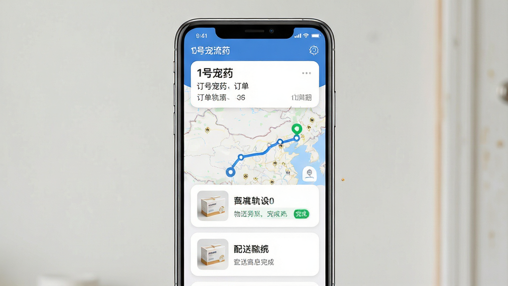 一张订单物流跟踪界面的手机图,画面中央为手机屏幕,屏幕内显示“1号宠药”订单详情与物流轨迹,包含地图路线、配送节点与药品包裹缩略图,布局为纵向信息流;风格为现代电商物流界面风,细节包括蓝色轨迹线、绿色完成节点、圆角信息卡;画质清晰,画面干净,无多余元素