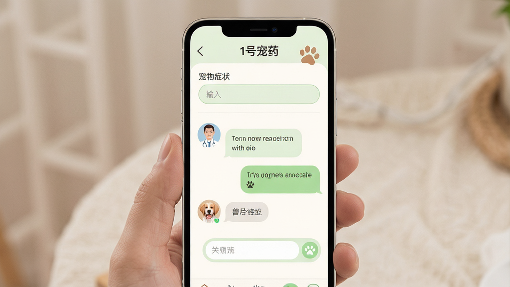 一张在线问诊界面的手机展示图,画面中央为手机屏幕,屏幕内显示“1号宠药”在线咨询窗口,包含宠物症状输入框、兽医头像与对话气泡,布局为聊天式上下结构;风格为温馨柔和的移动端界面风,细节包括浅绿色气泡、圆角输入框、宠物爪印装饰;画质清晰,画面干净,无多余元素