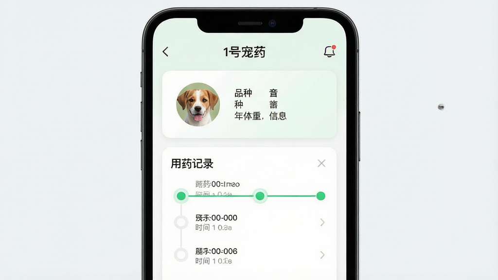 一张宠物档案管理界面的手机图,画面主体为手机屏幕,屏幕上显示“1号宠药”宠物档案页面,包含宠物头像、品种年龄体重信息栏与用药记录时间线,布局为上下分栏卡片式;风格为简洁清新的移动应用风,细节包括圆形头像、浅色卡片、绿色时间轴节点;画质清晰,画面干净,无多余元素