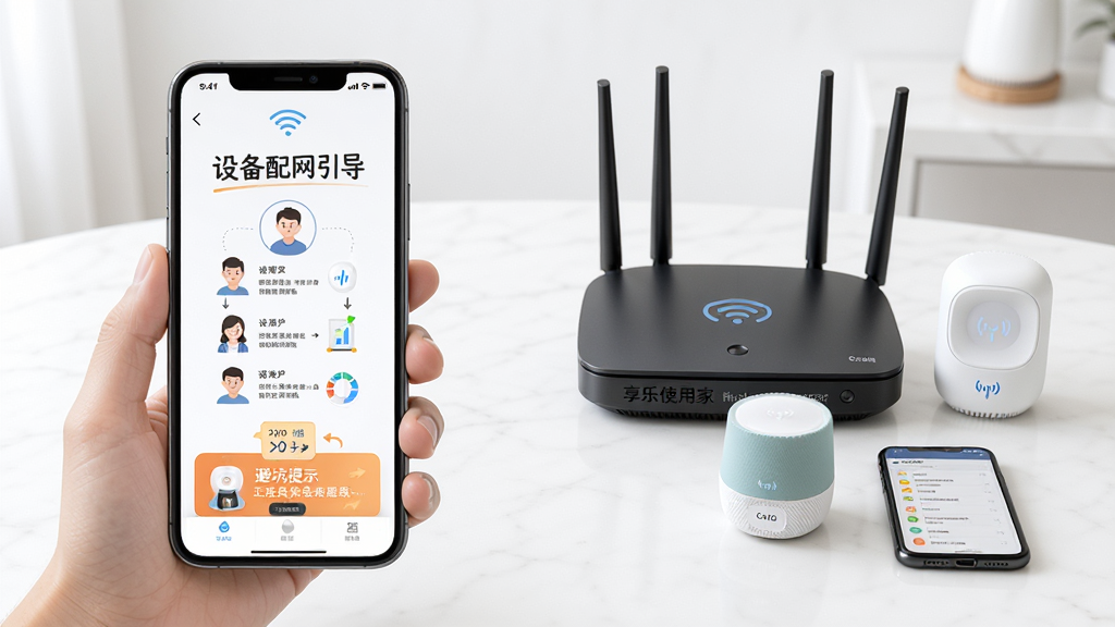 享乐享智家新手使用指南场景图,画面展示手机屏幕上的设备配网引导步骤与避坑提示,旁边配有路由器、智能设备与手机,布局为教程示意风格,细节清晰,画质高清,干净,无多余元素