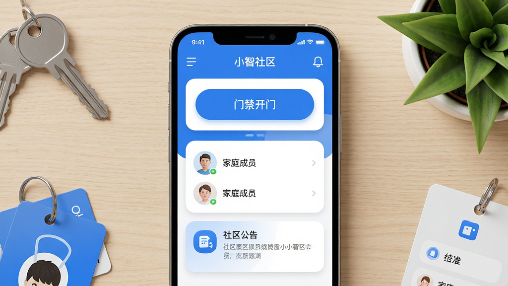画面主体是一部智能手机,屏幕中展示“小智社区”应用的主界面,包含门禁开门按钮、家庭成员列表和社区公告卡片;布局为手机居中放置于浅色木质桌面,周围点缀钥匙、门禁卡和绿植;排版采用上下分层的信息卡片式设计;风格为现代简约科技风,色调以蓝白为主;细节包含圆角图标、清晰的功能分区和柔和阴影;画质高清、画面干净、无多余元素。
