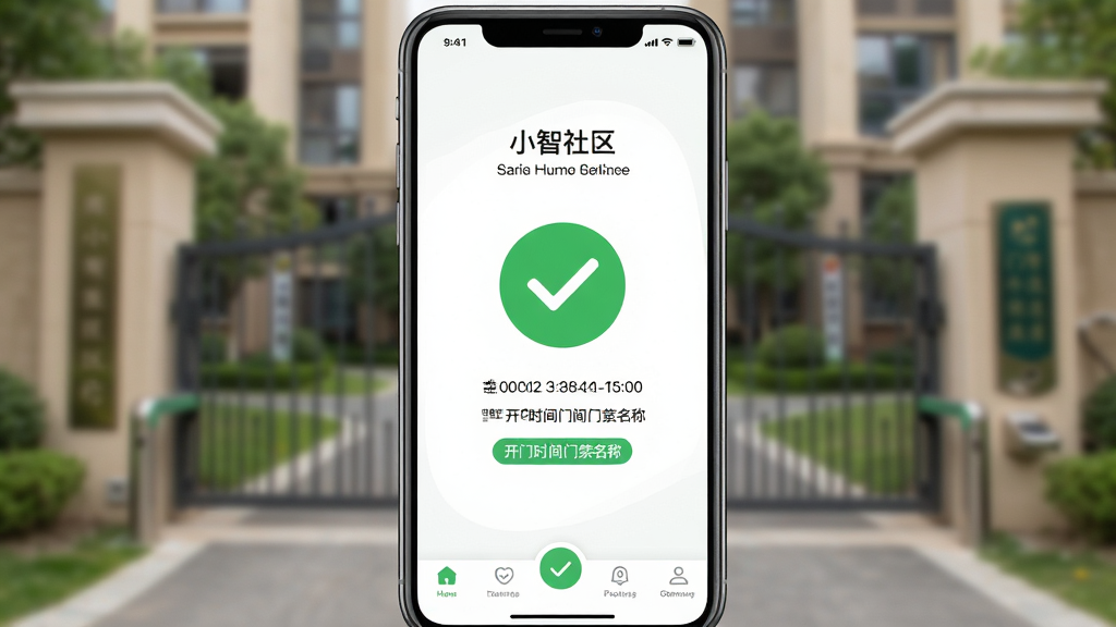 画面主体是手机屏幕展示“小智社区”开门成功界面,绿色圆形对勾居中,下方显示开门时间和门禁名称;布局为手机竖屏正面展示,背景为虚化的小区大门;排版以成功提示为视觉焦点;风格为清新简约风;细节包含界面上的时间戳、门禁位置标签和底部导航栏;画质高清、画面干净、无多余元素。