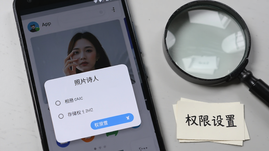 一部安卓手机屏幕显示“照片诗人”App的权限授权弹窗界面,弹窗中列出相册和存储权限选项,手机旁边放着一个放大镜和一张写有“权限设置”的小卡片,背景为浅灰色桌面,画面风格简洁实用,画质清晰,无多余元素