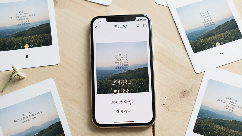 画面中央是一部竖屏智能手机,手机屏幕上清晰展示着“照片诗人”App的编辑界面,界面中有一张风景照片和几行排版精美的诗句文字,手机周围散落着几张已完成的配文照片卡片,背景为浅米色木质桌面,光线柔和自然,整体风格清新文艺,细节丰富,画质高清,画面干净无多余元素