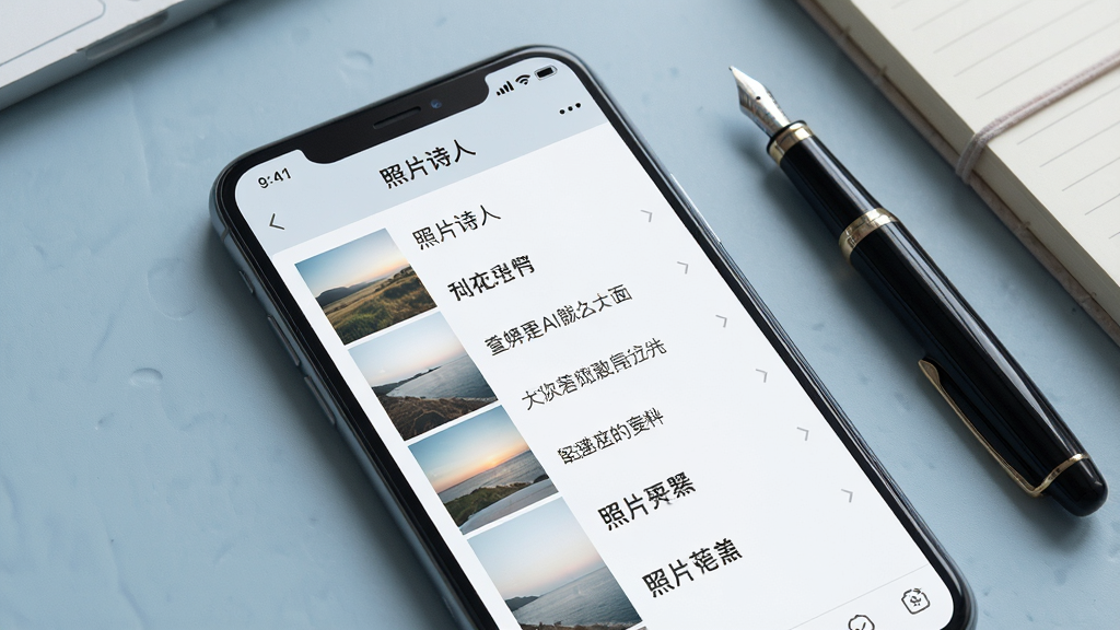 一部手机屏幕特写,屏幕中显示“照片诗人”App的AI配文功能界面,左侧是照片缩略图,右侧列出多条不同风格的文案建议,界面设计简洁现代,背景为柔和的蓝灰色调,手机旁放着一支钢笔和一个笔记本,画面风格干净利落,画质清晰细腻,无杂乱元素