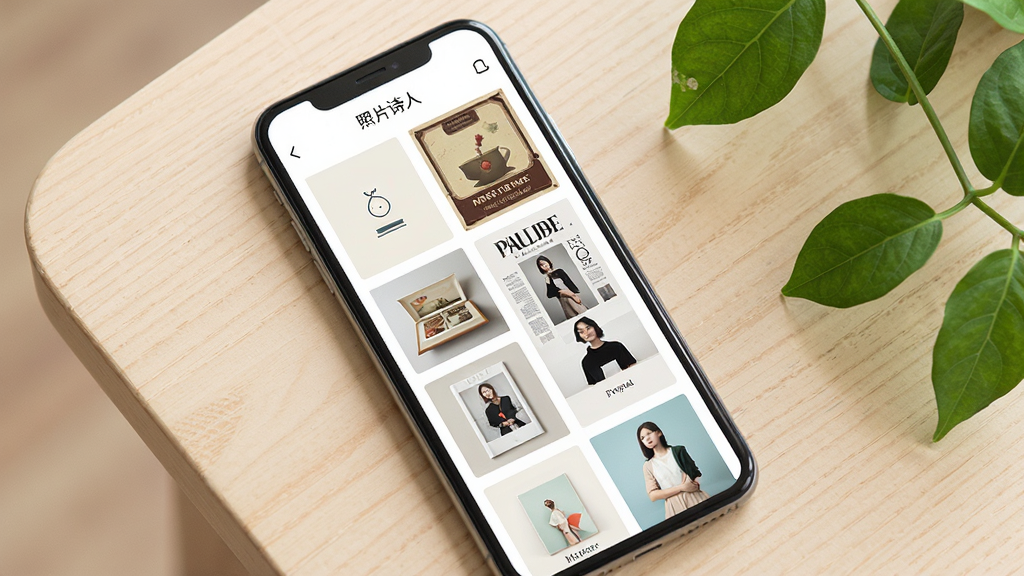 手机屏幕中展示“照片诗人”App的模板选择页面,页面上以网格形式排列着多款不同风格的排版模板缩略图,包括简约风、复古风、杂志风等,手机放置在浅色桌面上,旁边点缀几片绿叶,整体画面明亮清新,排版整齐,画质高清,无多余装饰