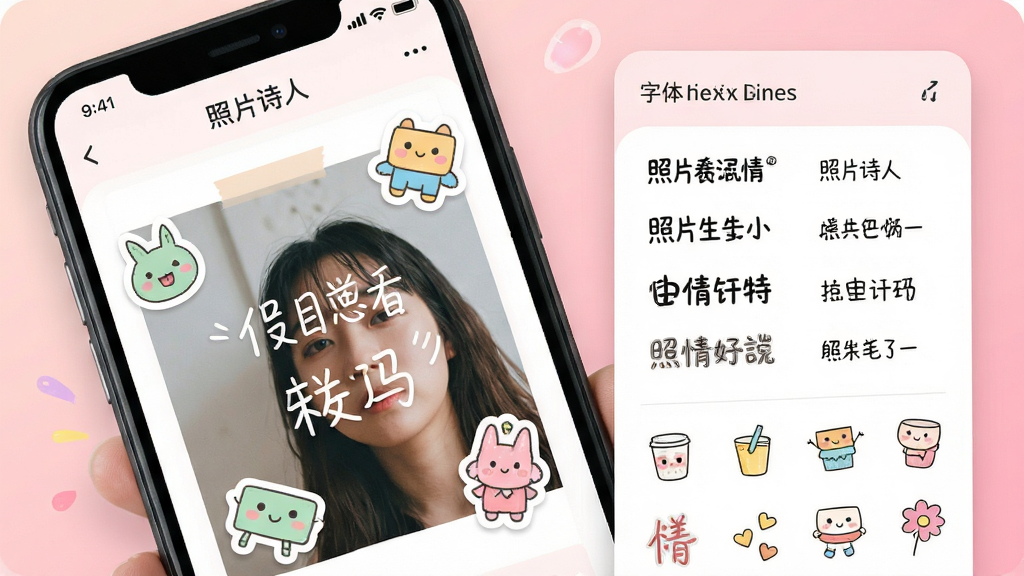 手机界面展示“照片诗人”App的字体选择与贴纸面板,屏幕中一张照片上叠加了手写体文字和几枚小清新贴纸,面板中列出多种字体样式和贴纸图标,背景为浅粉色渐变,画面风格活泼明快,细节清晰,画质干净