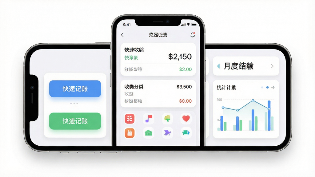 一张展示记账小本软件主界面的手机样机图,主体为居中放置的智能手机,屏幕内显示清晰的收支卡片列表与月度结余数字,布局左中右分别为快捷记账按钮、分类图标与统计图表,排版简洁有序,风格为扁平化现代科技风,细节包含柔和的阴影与圆角图标,画质高清,干净无多余元素,背景为纯白色渐变
