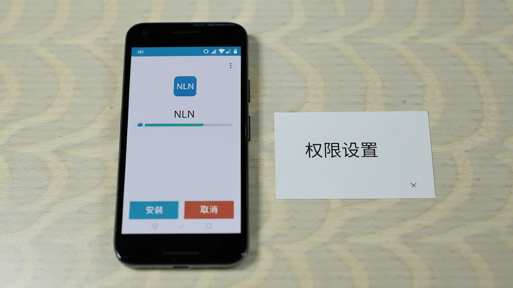 安卓手机安装应用界面,屏幕显示NLN安装进度条,下方有“安装”和“取消”两个按钮,手机旁边放置一张写有“权限设置”提示的卡片,背景为浅色桌面,画面清晰,风格写实,高清画质,无多余元素