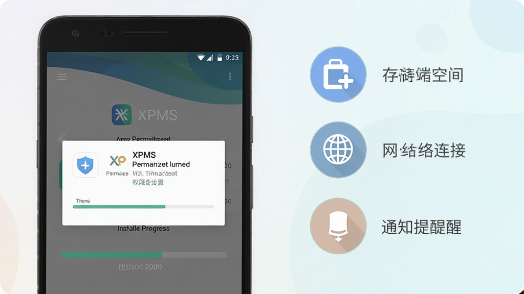 一张XPMS移动端安装与权限设置的操作示意图,画面为一部安卓手机屏幕特写,屏幕上显示应用权限授权弹窗和安装进度条,旁边以简洁图标形式展示存储空间、网络连接和通知提醒三个要素,整体风格扁平化,配色柔和,布局清晰,细节干净,画质清晰,画面中带有“XPMS”字样