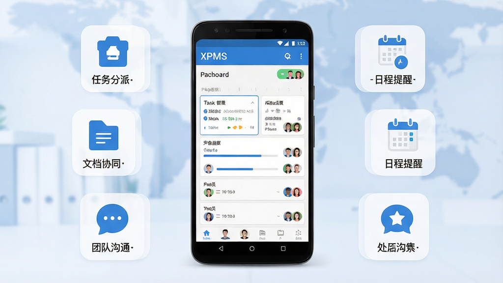 一张展示XPMS移动端项目管理界面的产品全貌图,画面中央是一部竖屏安卓手机,手机屏幕上显示XPMS应用的项目看板页面,包含任务卡片、进度条和成员头像,手机周围以扁平化图标形式环绕展示任务分派、文档协同、日程提醒、团队沟通等核心功能模块,整体布局居中对称,风格清爽商务,配色以蓝白为主,细节干净利落,画质清晰,无多余装饰元素
