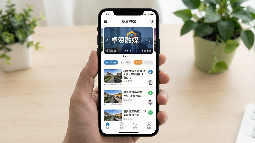 一张手机屏幕展示本地新闻资讯客户端的正面视图,画面主体为手持智能手机,屏幕内呈现“卓资融媒”资讯首页,包含顶部轮播图、新闻列表卡片与底部导航栏,布局居中对称,背景为浅色桌面与绿植点缀,风格现代简洁扁平化,细节包含新闻缩略图、时间标签与分类图标,画质清晰干净,无多余元素