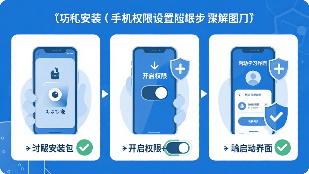 一幅展示手机应用安装与权限设置步骤的图解插画,画面分为三个步骤框,分别显示下载安装包、开启权限开关、启动学习界面,旁边有盾牌安全图标和勾选标记,风格为简洁的信息图风格,蓝白配色,画质干净,无多余元素