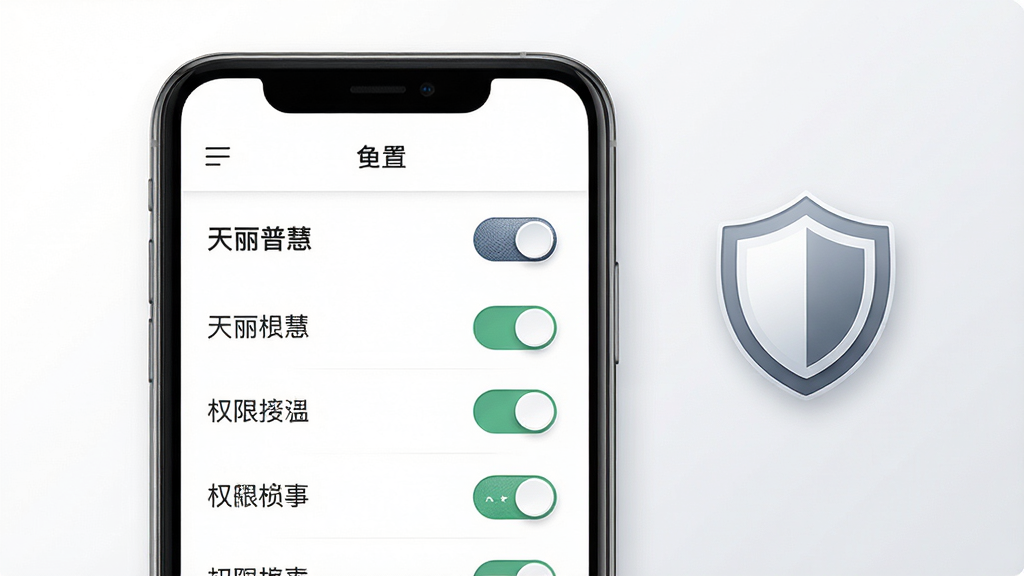 主体为手机界面展示角色权限设置页,屏幕中可见“天丽普慧”角色列表与权限开关;布局为手机正面居中,旁边放置一个简洁的盾牌图标作为点缀;排版清晰,背景为白色到浅灰的过渡;风格为清新商务风;细节上开关按钮有质感,文字清晰;画质高清,干净,无多余元素