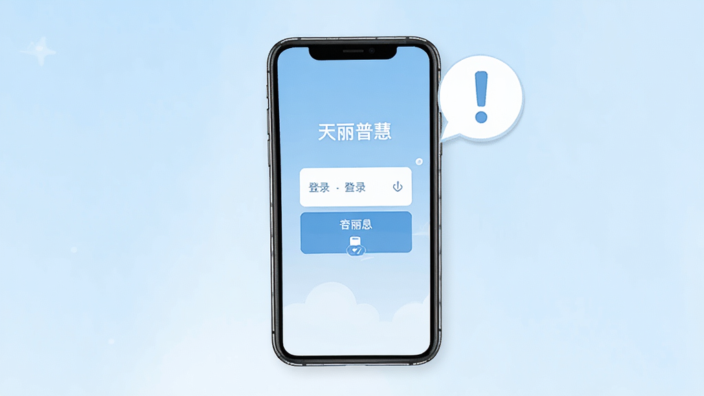 主体为手机屏幕显示“天丽普慧”登录界面,旁边放置一个提示气泡图标;布局为手机居中,气泡位于右上角;排版简洁,背景为浅蓝色渐变;风格为清新扁平风;细节上登录框与按钮清晰,气泡内有感叹号;画质高清,干净,无多余元素