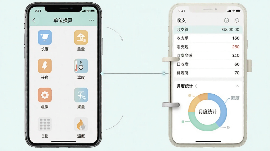 一张计算器全能王单位换算与记账功能示意图,画面左侧是手机屏幕显示单位换算界面,长度、重量、温度等分类图标整齐排列,右侧是记账本界面,显示收支列表和月度统计环形图,两个界面之间用细线连接表示数据互通,整体风格清新浅色,排版工整,画质清晰干净