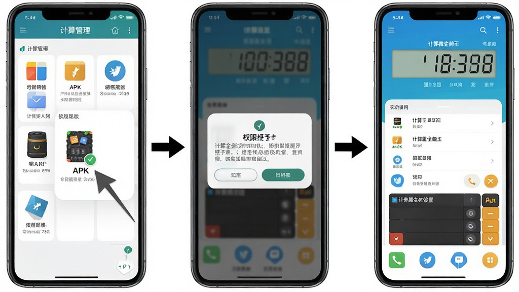 一张计算器全能王安装与权限设置步骤示意图,画面以手机屏幕截图风格呈现,分三步展示:第一步是文件管理器中点击APK安装包的界面,第二步是权限授予弹窗界面,第三步是应用主界面成功打开的画面,三步之间用箭头连接,整体排版清晰有序,风格简洁教程风,画质干净明亮