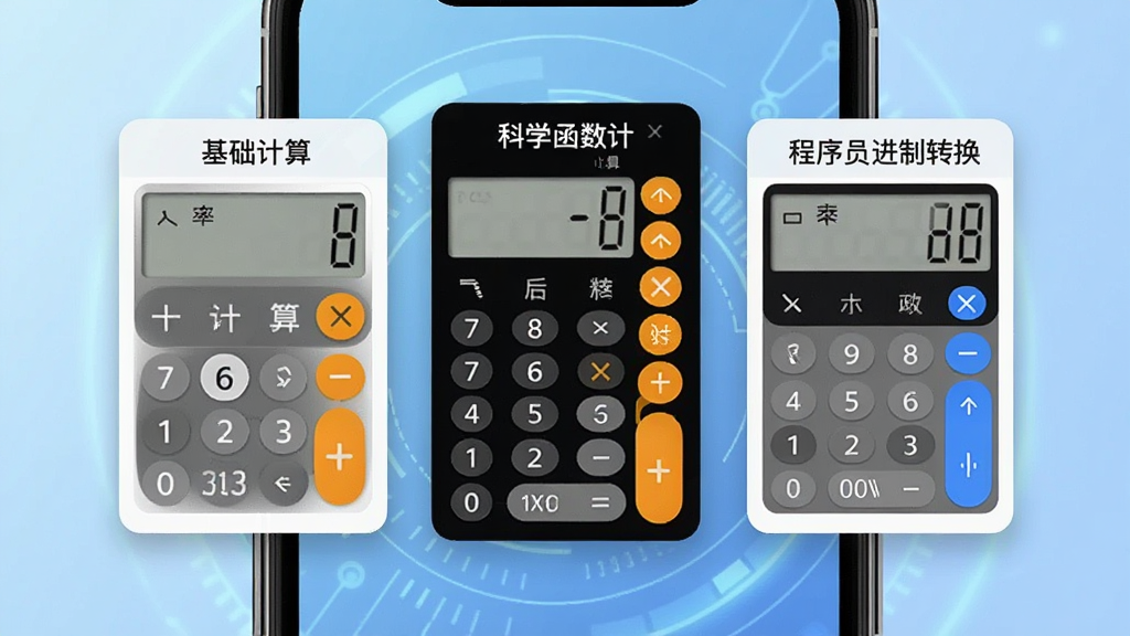 一张计算器全能王运算模式展示图,画面主体为手机屏幕特写,屏幕上并排展示三个计算器模式标签页,分别是基础计算界面、科学函数计算界面和程序员进制转换界面,三个界面以卡片形式悬浮排列,背景为淡蓝色科技感渐变,风格简约现代,细节清晰,画质干净
