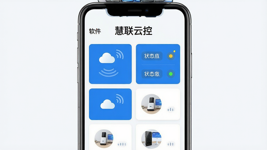 画面主体为一台居中摆放的智能手机,屏幕显示“慧联云控”云控管理主界面,包含设备列表卡片与状态指示灯;布局采用上下分层,上方为软件名称标题,下方为功能卡片网格;排版整洁留白充足;风格为现代科技扁平化设计,蓝白配色;细节包含云朵图标、信号波纹、设备缩略图;画质高清,干净,无多余元素
