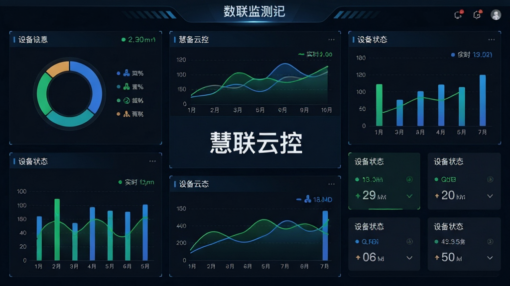 画面主体为一块数据监测仪表盘界面,界面中央展示“慧联云控”标题,四周分布环形图、柱状图与设备状态卡片;布局为仪表盘网格排版,信息层级分明;风格为深色科技数据可视化风格;细节包含绿色与蓝色数据曲线、设备图标、实时刷新标记;画质高清,干净,无多余元素