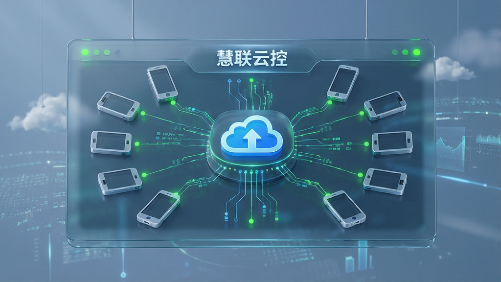 画面主体为一块悬浮的云端管理面板,面板上排列多台手机图标并以连线汇聚到中心云朵标志,面板标题区域书写“慧联云控”;布局为中心放射式构图,云朵居中,设备环绕四周;排版对称均衡;风格为科技感信息图;细节包含绿色在线指示灯、数据流线、半透明玻璃质感面板;画质高清,干净,无多余元素
