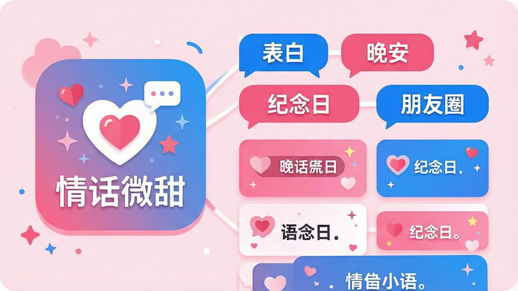 一张信息图表风格的插画,画面左侧是“情话微甜”应用图标,右侧展开多个彩色分类标签如“表白”“晚安”“纪念日”“朋友圈”,标签下方对应排列着一条条语录卡片,整体采用粉蓝撞色设计,布局为左右结构,风格扁平化插画,细节有爱心、对话气泡、小星星点缀,画质清晰,干净,无多余元素