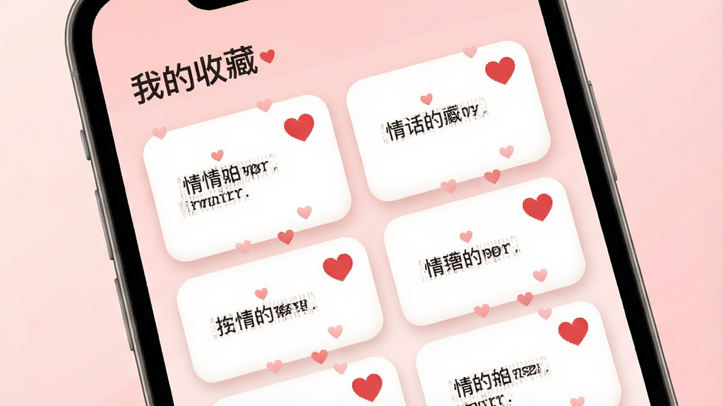 一张手机界面特写图,展示“情话微甜”应用的收藏页面,屏幕上排列着多张已收藏的情话卡片,每张卡片右上角有实心爱心图标,顶部有“我的收藏”字样,背景为浅粉色渐变,布局为竖向列表,风格温馨简洁,细节包括卡片圆角、柔和投影、小爱心装饰,画质高清,干净,无多余元素